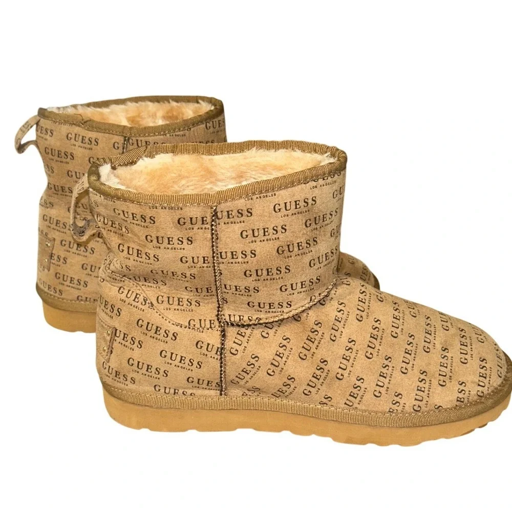 Guess‎ Los Angeles Tan Logo Print Faux Fur Lined Winter Boots Womens 10M